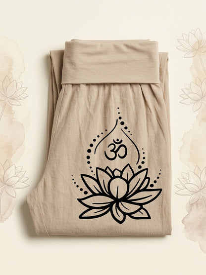 Lotus & Om Cotton Harem Pants in Tan, folded flat