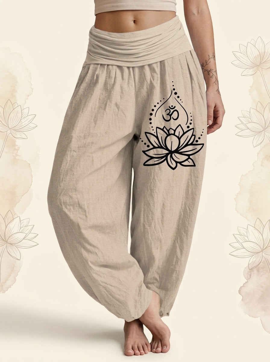 Lotus & Om Cotton Harem Pants in Tan, front view