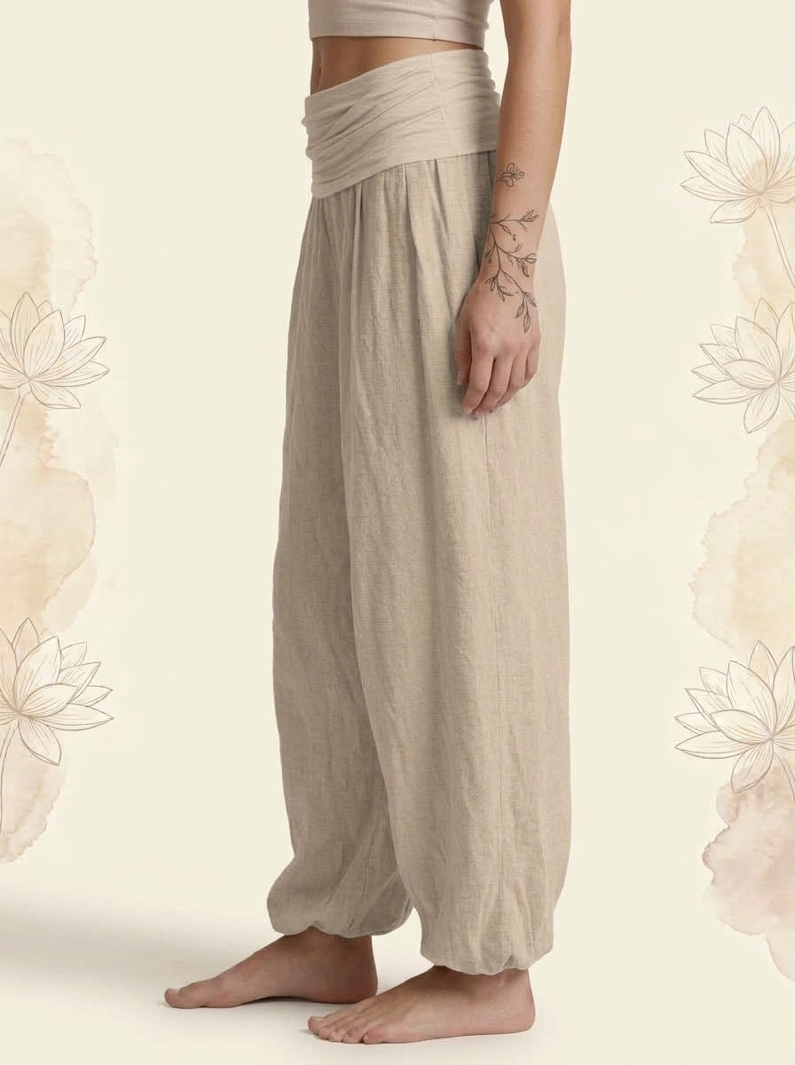 Lotus & Om Cotton Harem Pants in Tan, side view