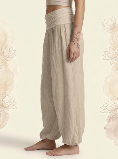 Lotus & Om Cotton Harem Pants in Tan, side view