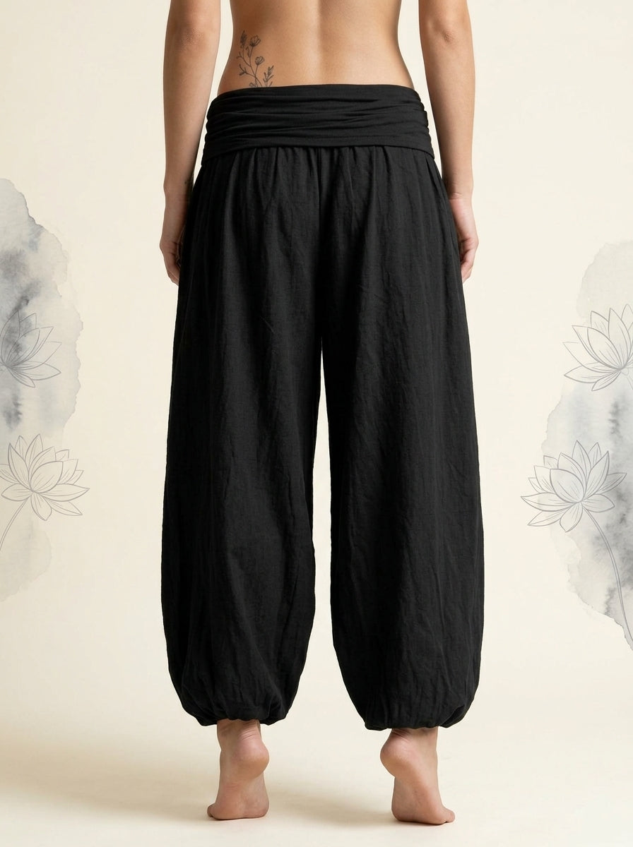 Lotus Unalome Cotton Harem Pants in Black, back view