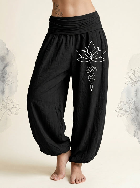 Lotus Unalome Cotton Harem Pants in Black