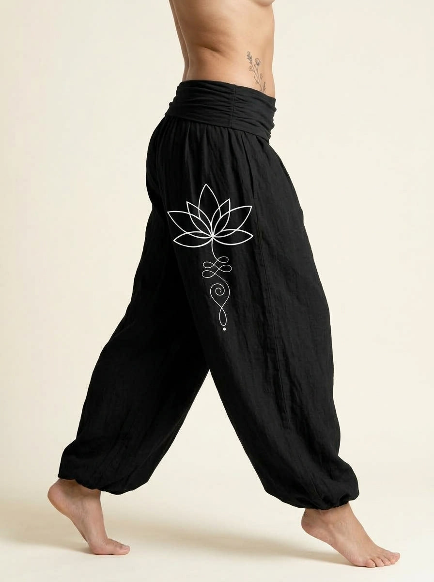 Lotus Unalome Cotton Harem Pants in Black, side view