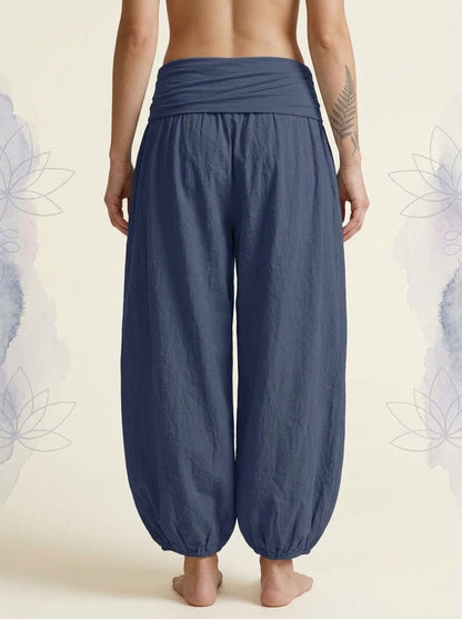 Lotus Unalome Cotton Harem Pants in Dark Slate Blue, back view