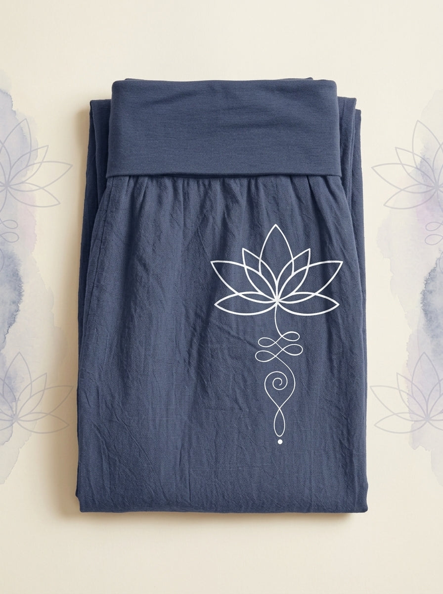 Lotus Unalome Cotton Harem Pants in Dark Slate Blue, folded flat