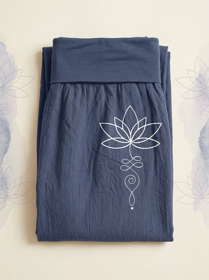 Lotus Unalome Cotton Harem Pants in Dark Slate Blue, folded flat