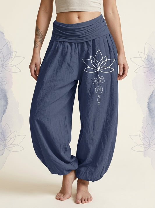 Lotus Unalome Cotton Harem Pants in Dark Slate Blue