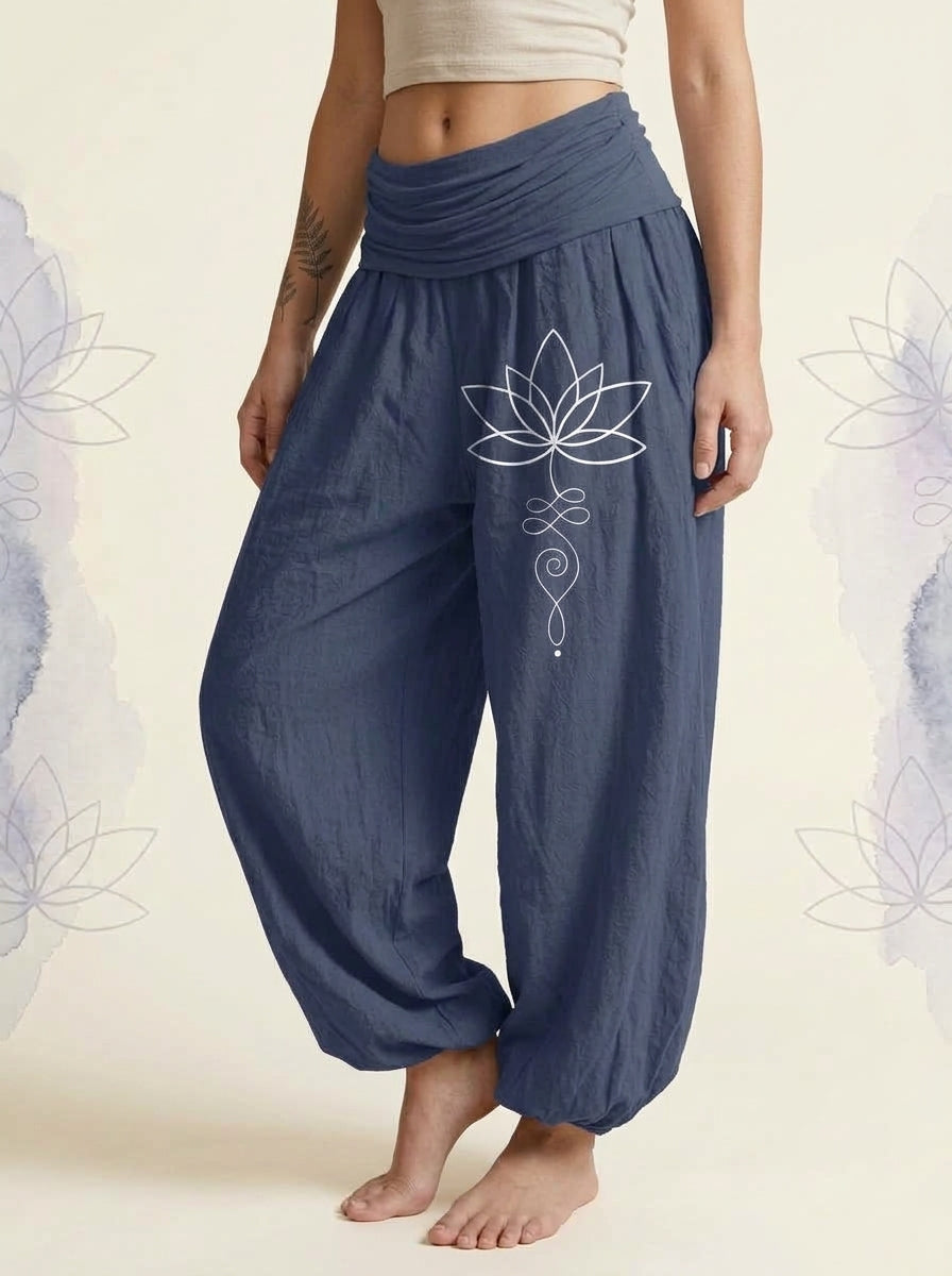 Lotus Unalome Cotton Harem Pants in Dark Slate Blue, side view