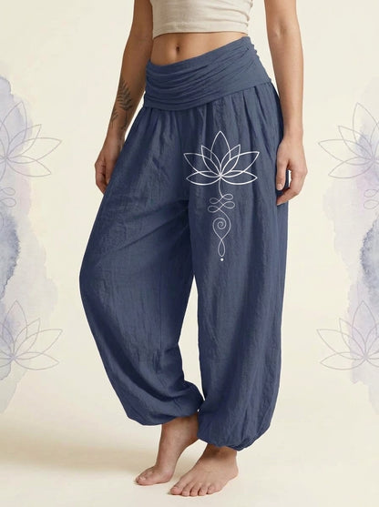 Lotus Unalome Cotton Harem Pants in Dark Slate Blue, side view