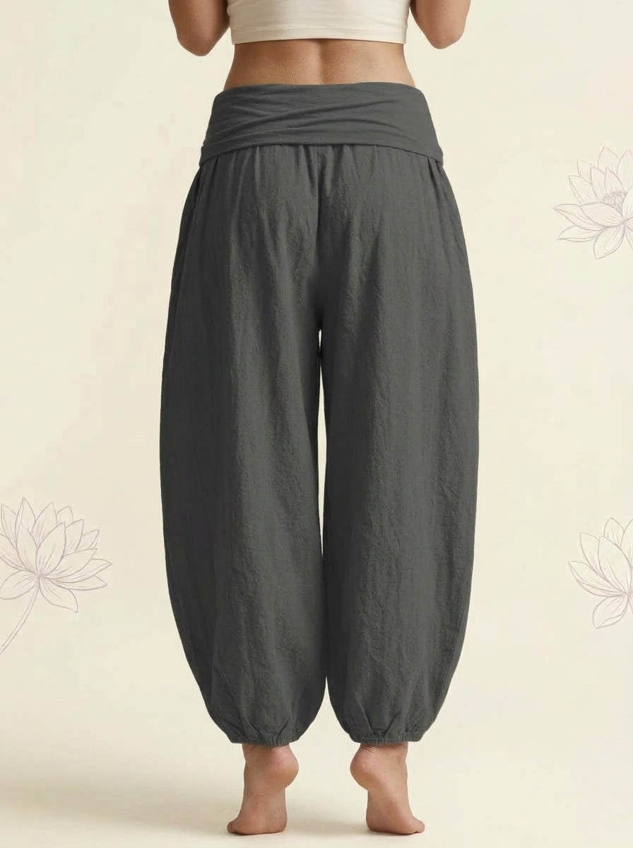 Lotus Unalome Cotton Harem Pants in Dim Gray, back view