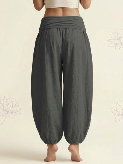 Lotus Unalome Cotton Harem Pants in Dim Gray, back view