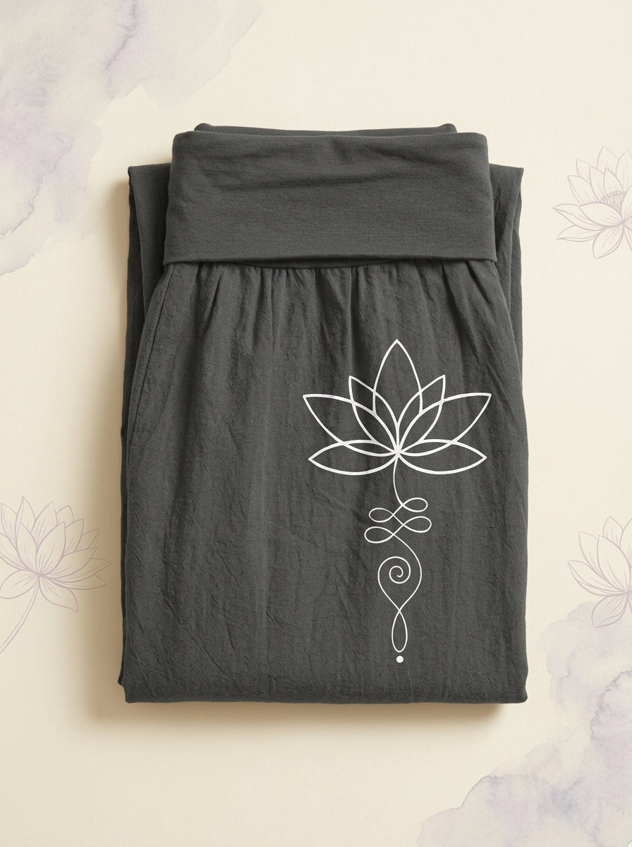 Lotus Unalome Cotton Harem Pants in Dim Gray, folded flat