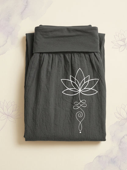 Lotus Unalome Cotton Harem Pants in Dim Gray, folded flat