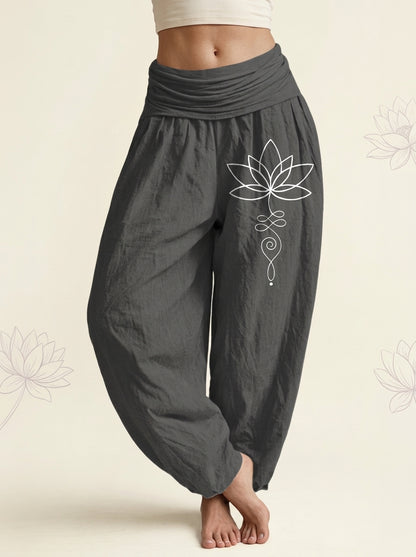 Lotus Unalome Cotton Harem Pants in Dim Gray, front view