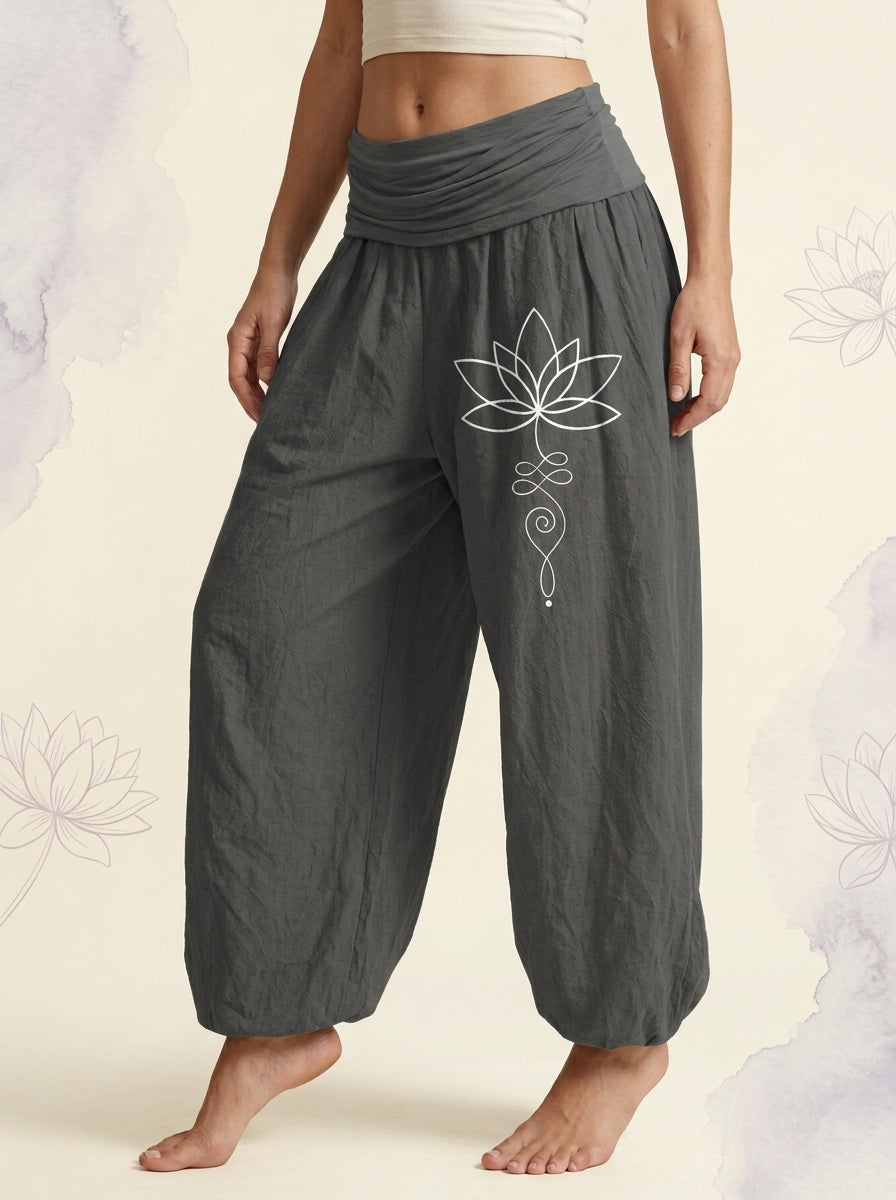Lotus Unalome Cotton Harem Pants in Dim Gray, side view