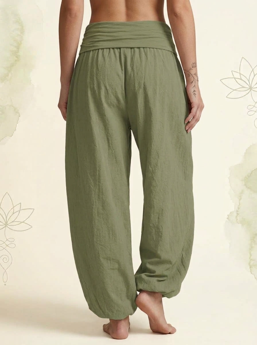 Lotus Unalome Cotton Harem Pants in Olive Drab, back view