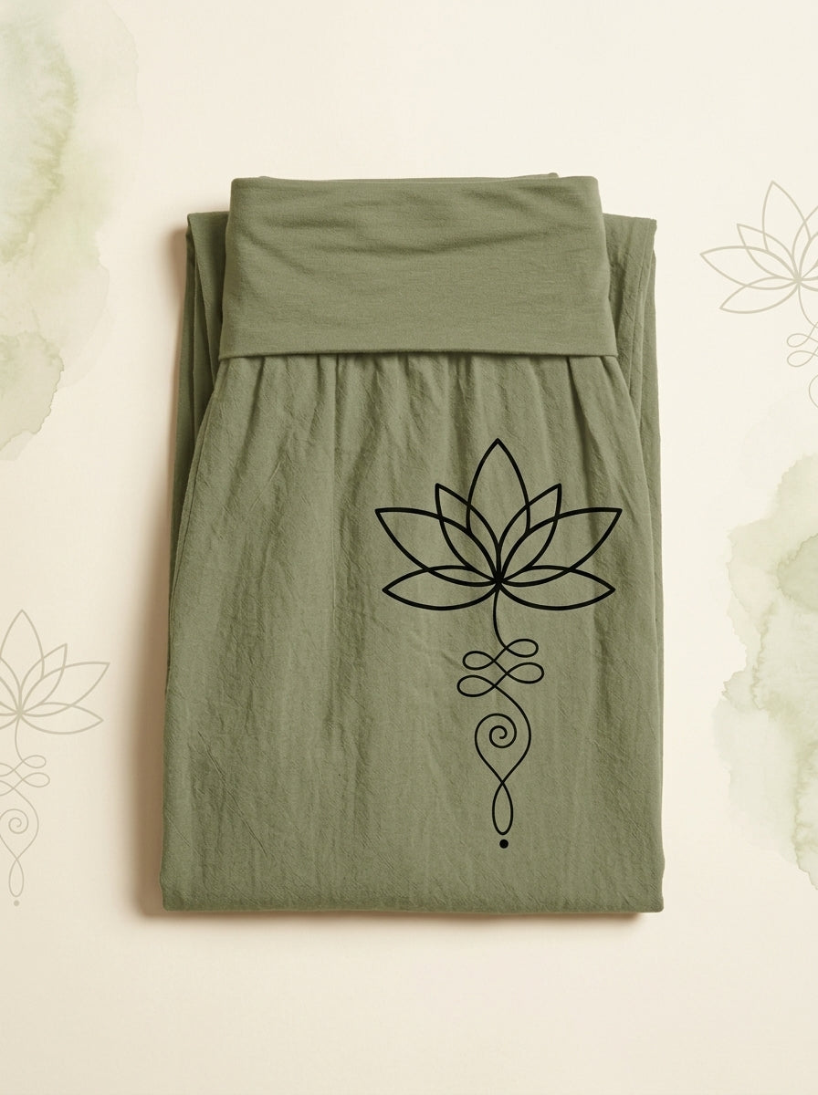 Lotus Unalome Cotton Harem Pants in Olive Drab, folded flat