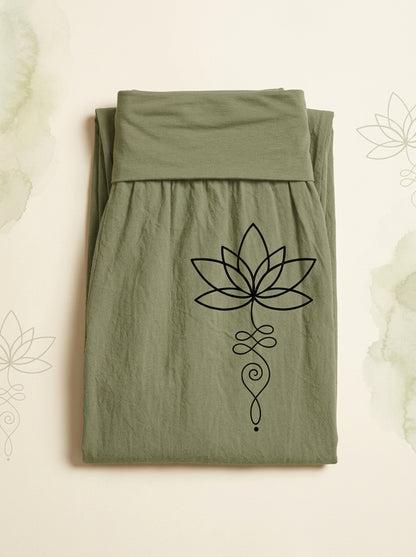 Lotus Unalome Cotton Harem Pants in Olive Drab, folded flat