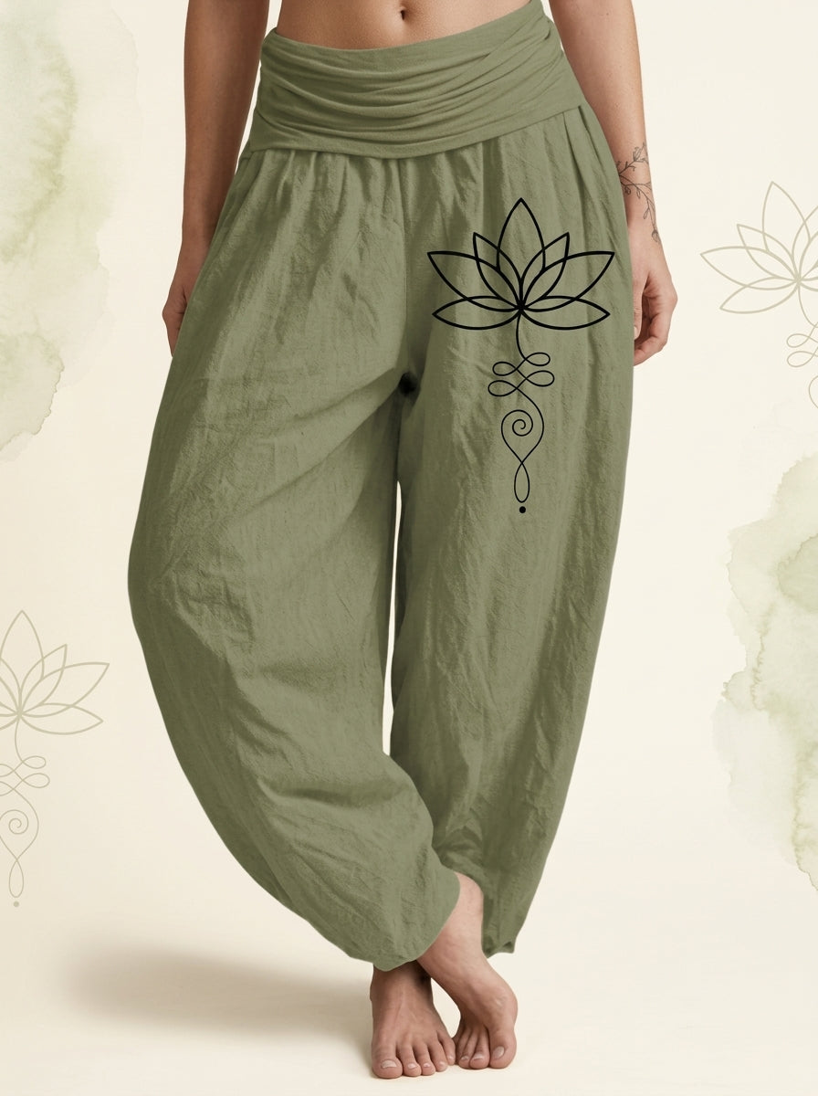 Lotus Unalome Cotton Harem Pants in Olive Drab, front view