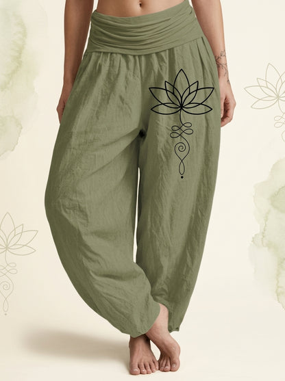 Lotus Unalome Cotton Harem Pants in Olive Drab, front view