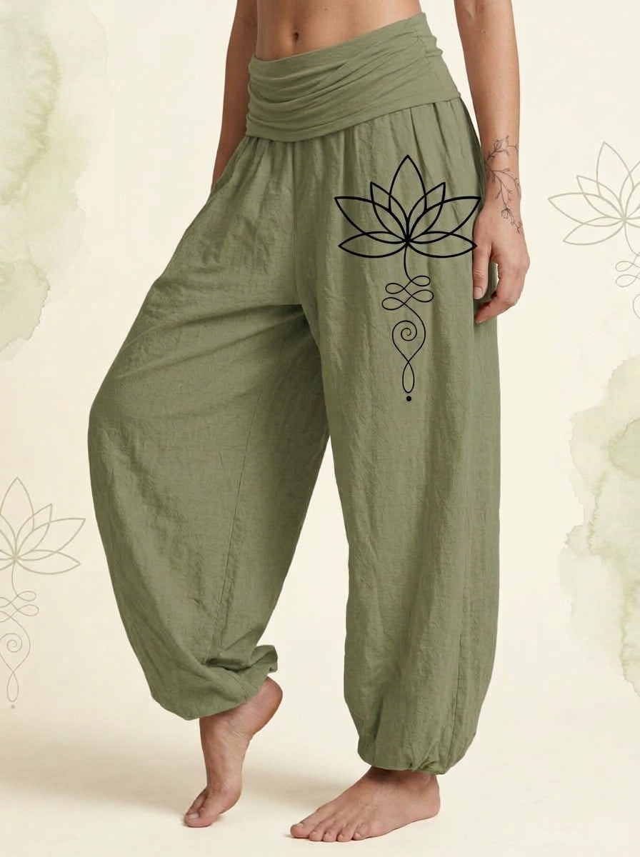 Lotus Unalome Cotton Harem Pants in Olive Drab, side view