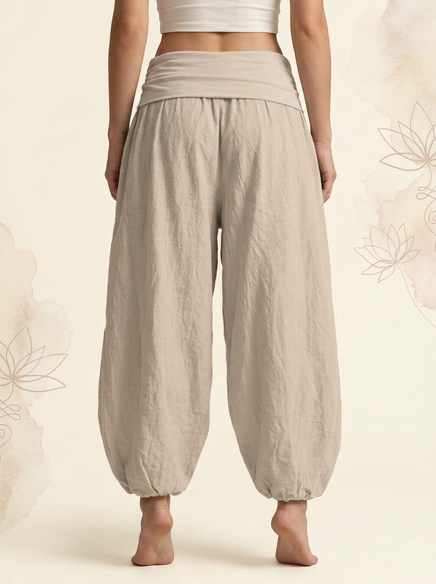 Lotus Unalome Cotton Harem Pants in Tan, back view