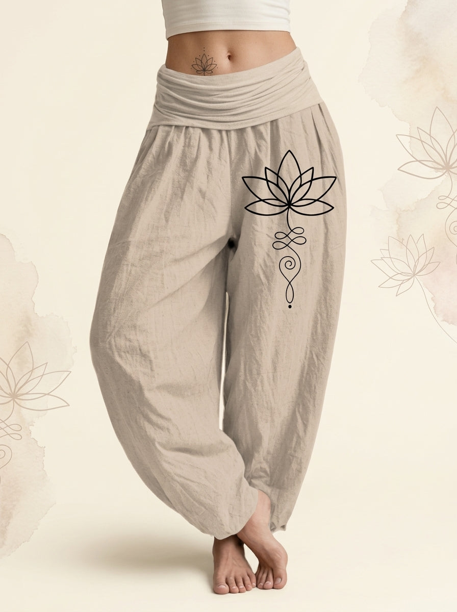 Lotus Unalome Cotton Harem Pants in Tan, front view