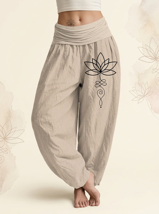 Lotus Unalome Cotton Harem Pants in Tan
