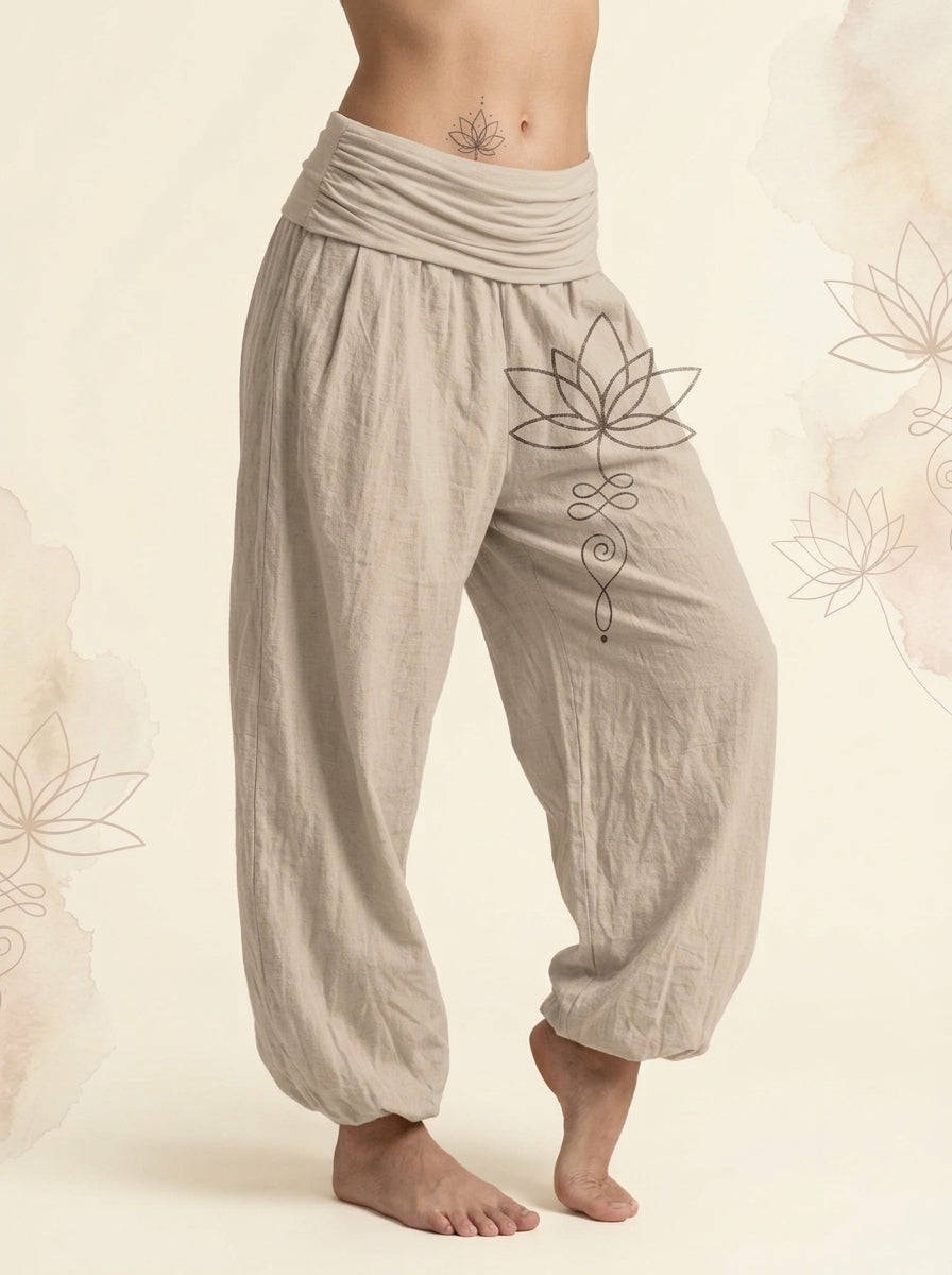 Lotus Unalome Cotton Harem Pants in Tan, side view