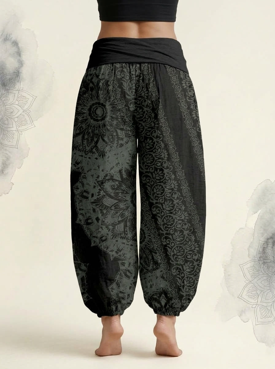 Mandala Cotton Harem Pants in Black, back view