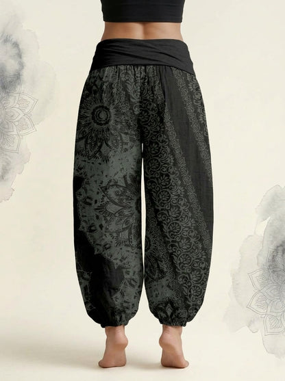 Mandala Cotton Harem Pants in Black, back view