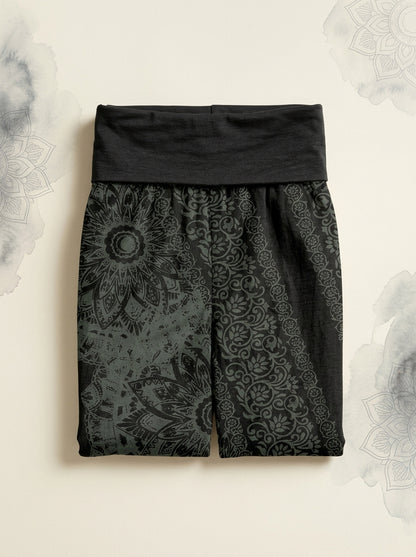 Mandala Cotton Harem Pants in Black, folded flat