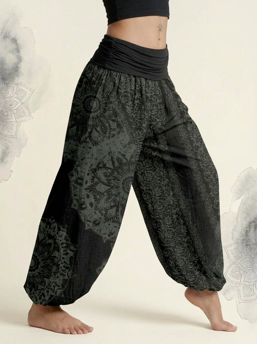 Mandala Cotton Harem Pants in Black, side view