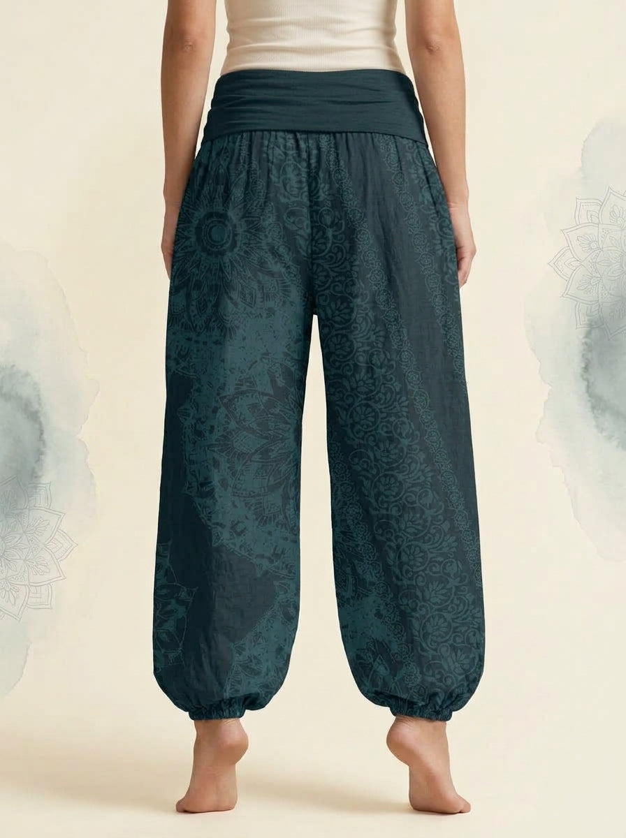Mandala Cotton Harem Pants in Dark Cyan, back view