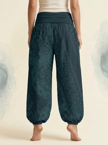 Mandala Cotton Harem Pants in Dark Cyan, back view