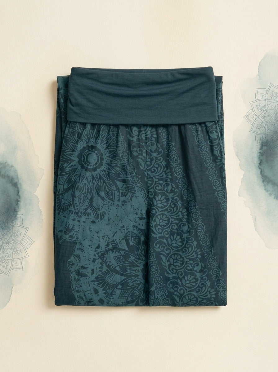 Mandala Cotton Harem Pants in Dark Cyan, folded flat