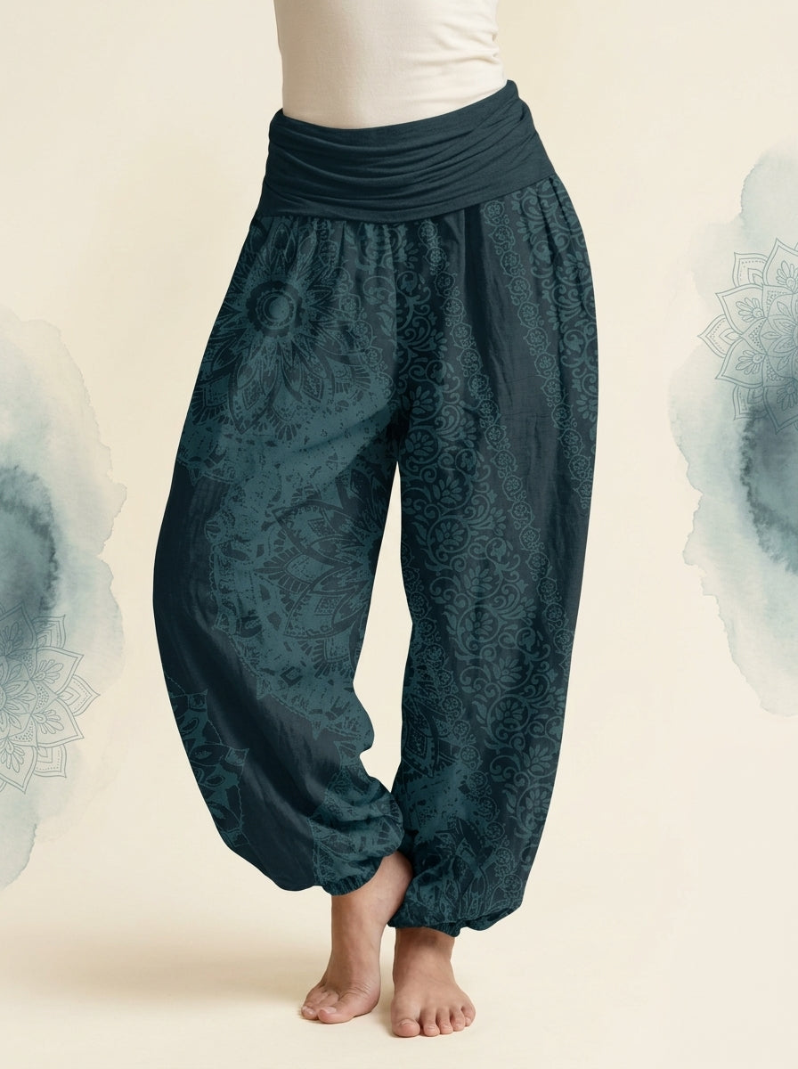 Mandala Cotton Harem Pants in Dark Cyan, front view
