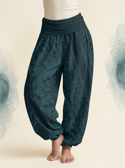 Mandala Cotton Harem Pants in Dark Cyan, front view
