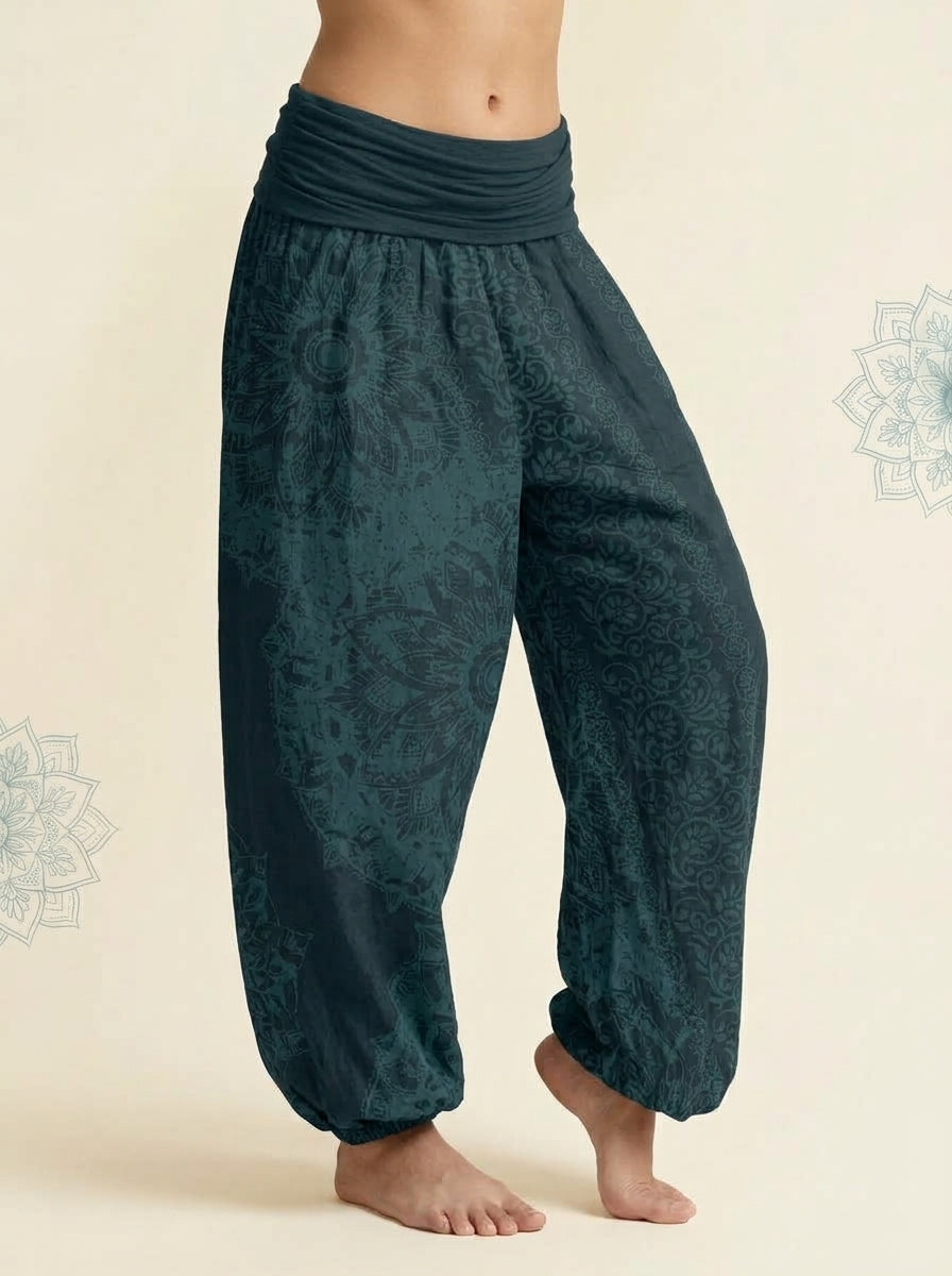 Mandala Cotton Harem Pants in Dark Cyan, side view