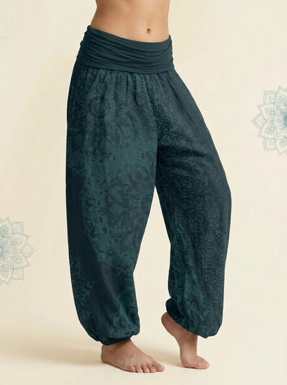 Mandala Cotton Harem Pants in Dark Cyan, side view