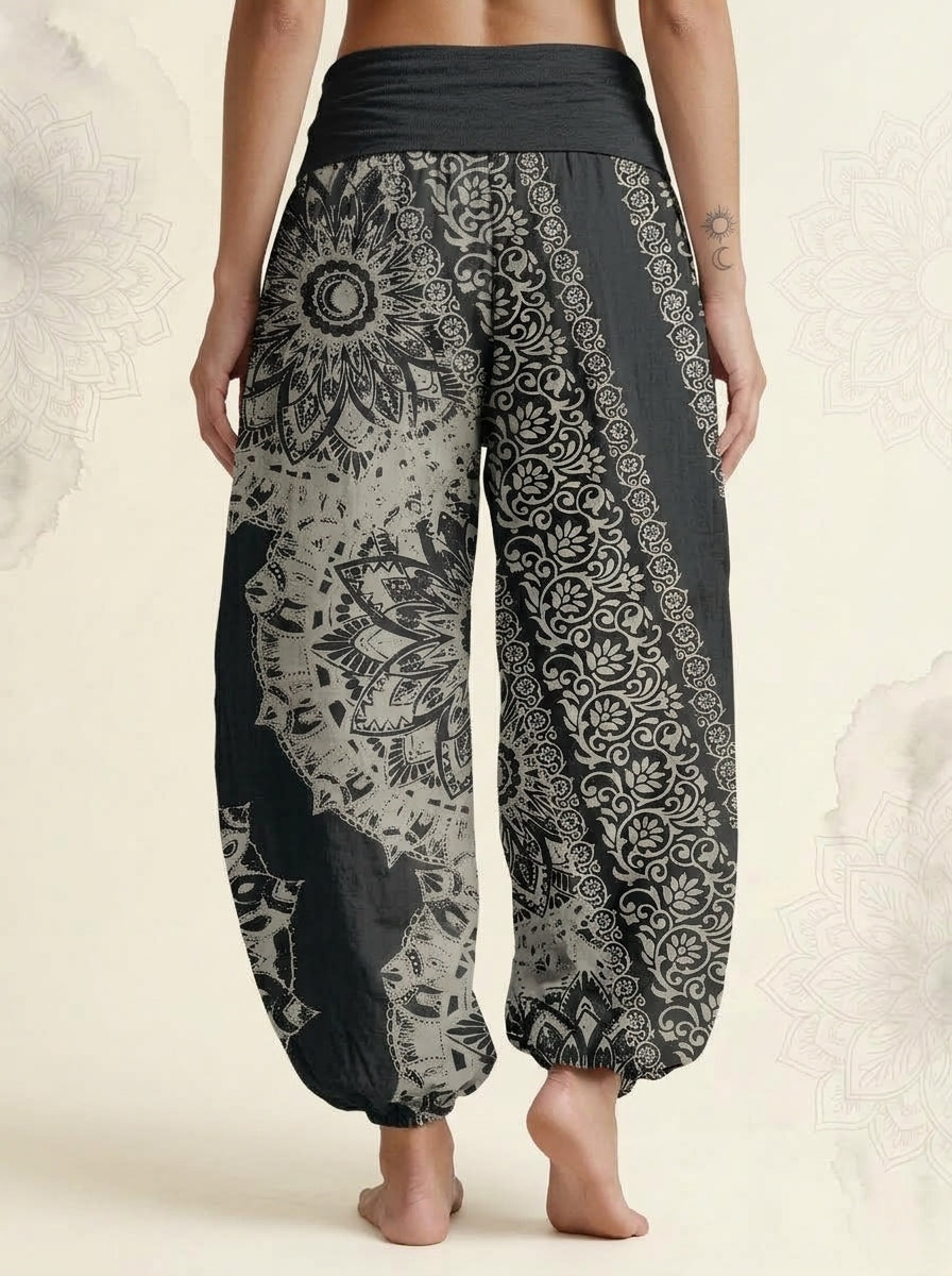 Mandala Cotton Harem Pants in Dim Gray, back view