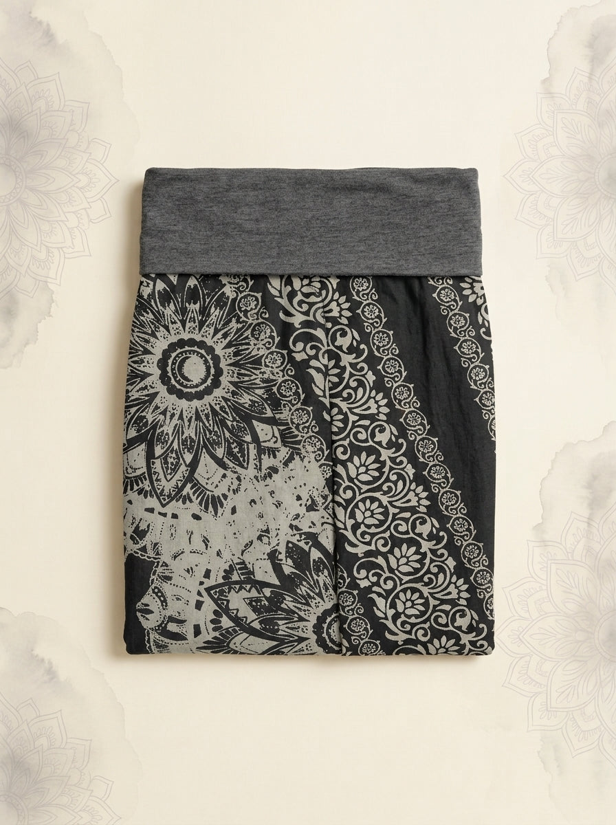 Mandala Cotton Harem Pants in Dim Gray, folded flat