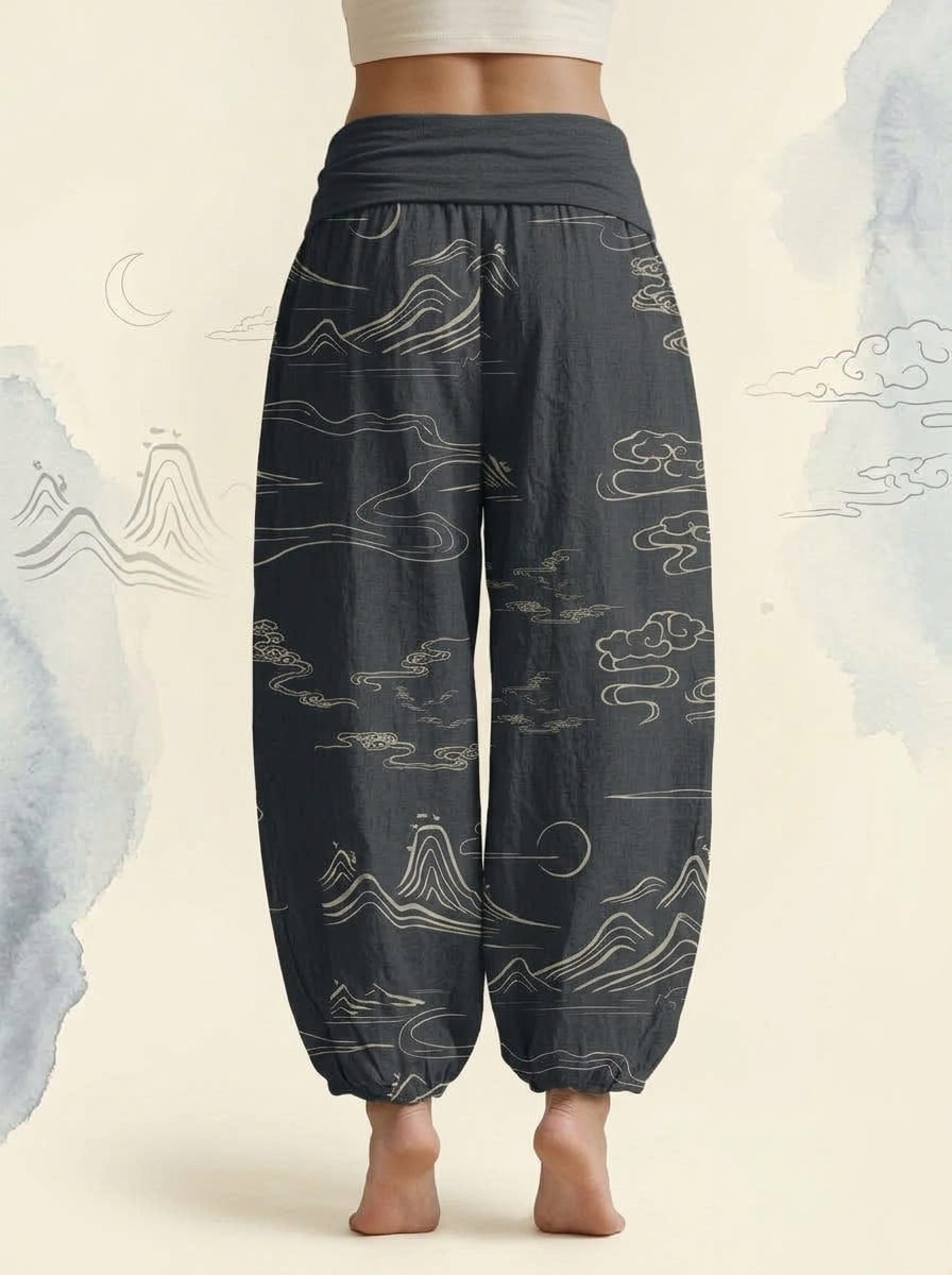 Mountain Moon Cotton Harem Pants in Light Slate Gray, back view