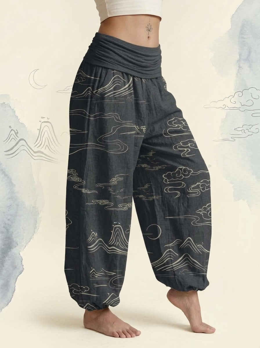 Mountain Moon Cotton Harem Pants in Light Slate Gray, side view