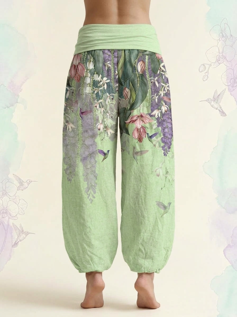 Orchid & Birds Cotton Harem Pants in Honeydew, back view