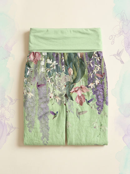 Orchid & Birds Cotton Harem Pants in Honeydew, folded flat