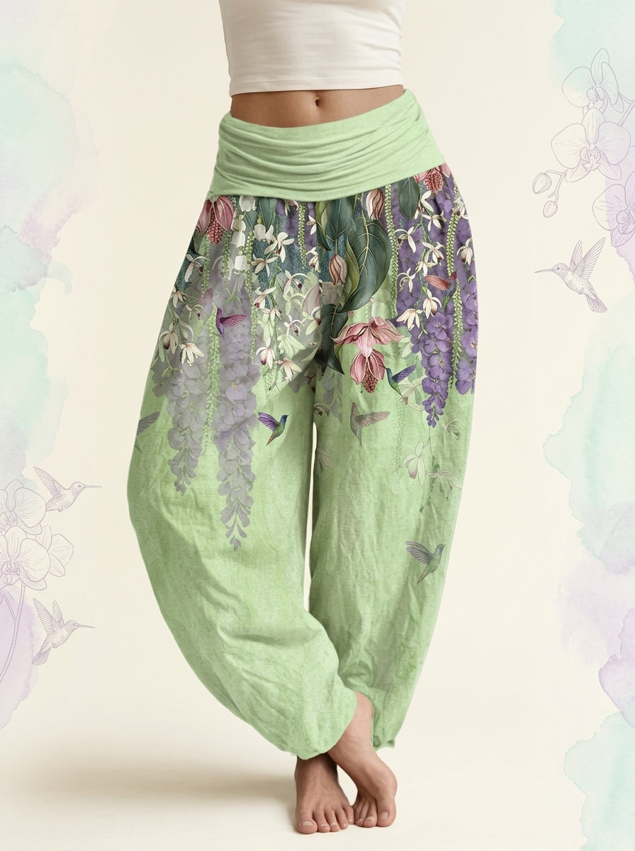 Orchid & Birds Cotton Harem Pants in Honeydew, front view