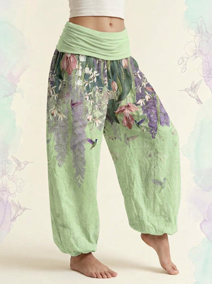 Orchid & Birds Cotton Harem Pants in Honeydew, side view