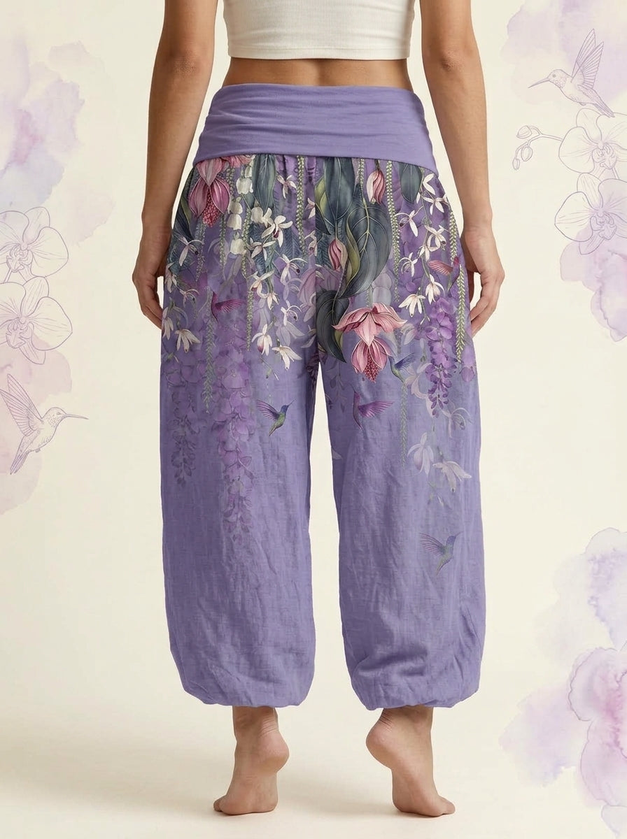 Orchid & Birds Cotton Harem Pants in Medium Purple, back view