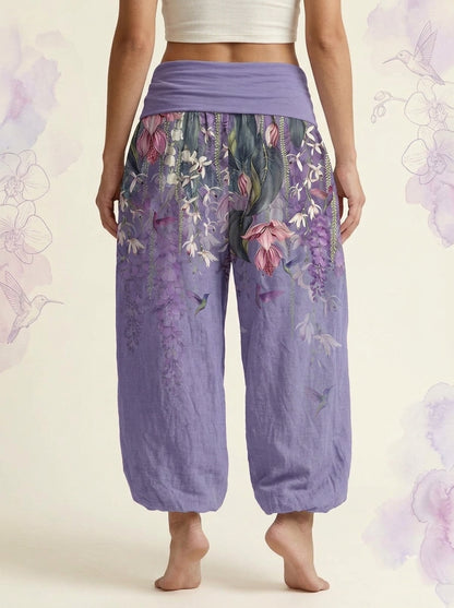 Orchid & Birds Cotton Harem Pants in Medium Purple, back view